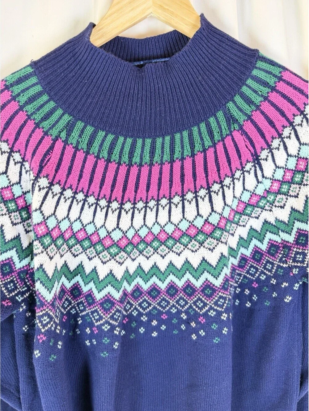 Crown & Ivy Fair Isle Mock Neck Sweater Navy Pink Green White Women's M Oversize